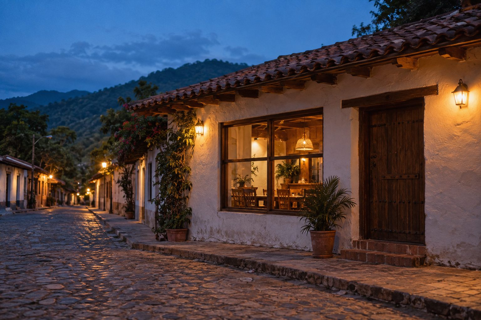 Un café pequeño en una calle empedrada de un pueblo hondureño, al anochecer, con luz cálida adentro.